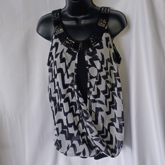 Kate & Mallory Tops - Kate & Mallory Sleeveless Blouse Layered Chiffon Top Tank, embellished, blk&wht